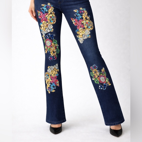 Denim - Embellished Boot Cut Jeans with Handmade Sequin Embellishments. One of a Kind.
